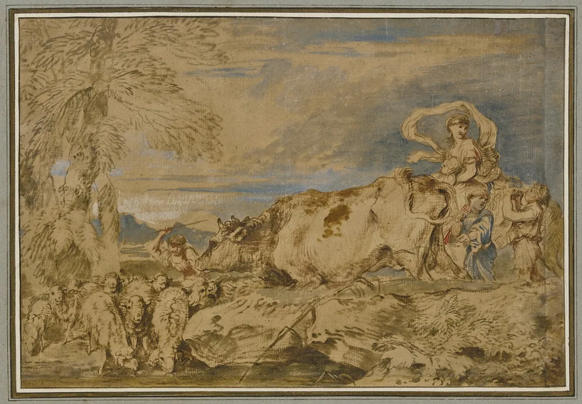 Hirten Und Schaferinnen Mit Einer Herde An Der Tranke by Giovanni Benedetto Castiglione - Canvas Print