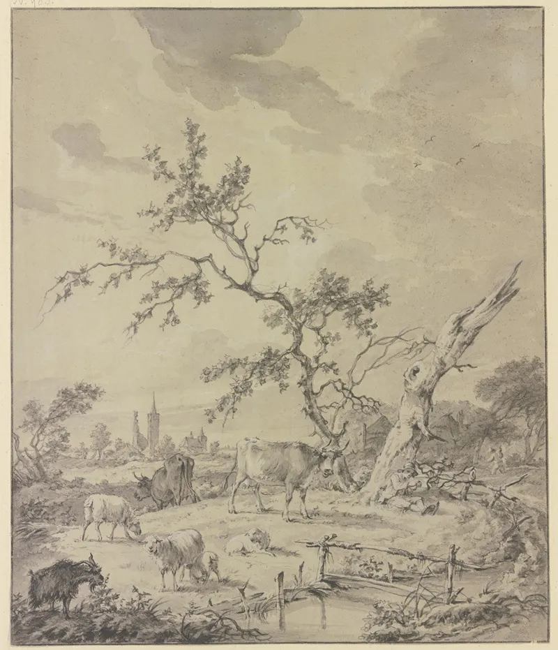 Hirtenknabe Mit Rindern Schafen Und Ziegen Bei Einem Durren Und Einem Abgestorbenen Baum Im Hintergrund Ruinen Ein Turm Und Eine Kirche by Adrianus de Visser - Canvas Print