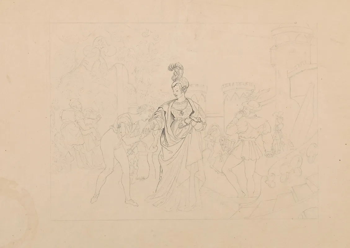 Historical Illustration Showing A Courtier Kissing The Hand Of A Lady In A Castle Courtyard