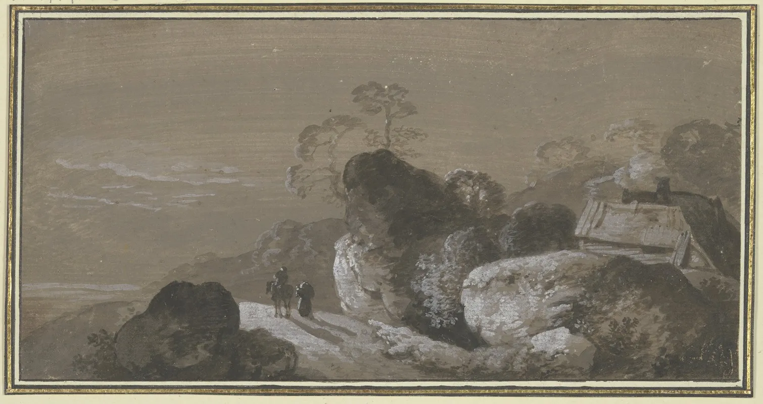 Hohlweg Zwischen Felsen Rechts Zwei Hutten Auf Dem Weg Ein Reiter Mit Begleiter Zu Fus by Johann Georg Wagner - Canvas Print
