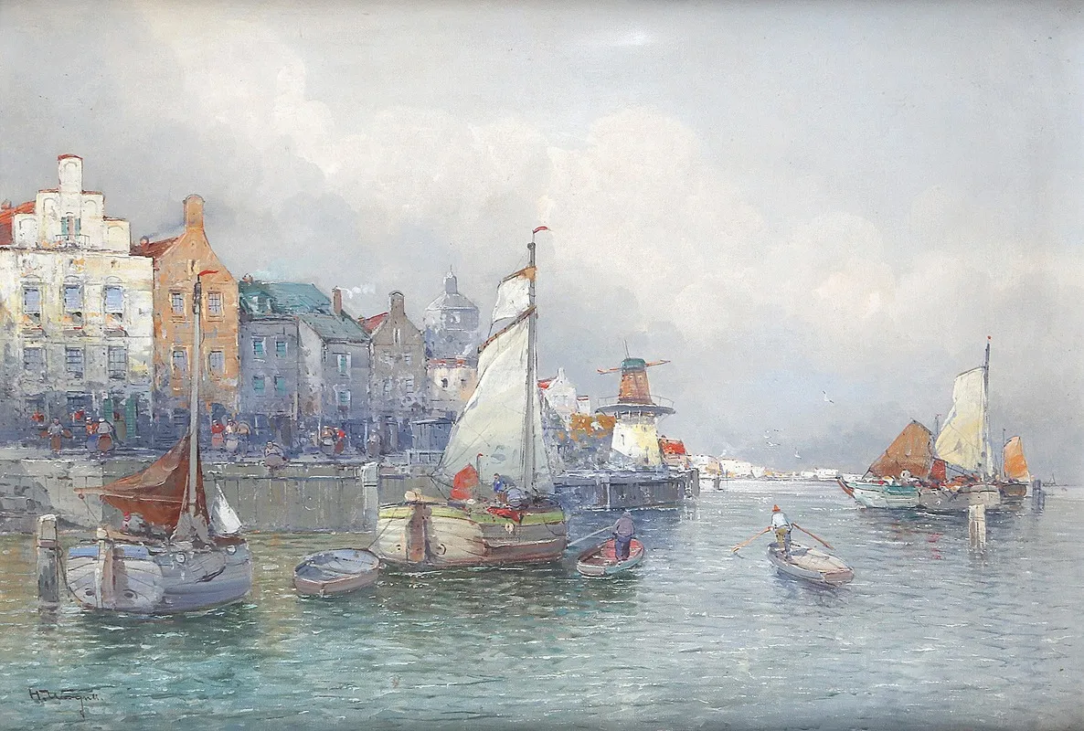 Hollandische Hafenszene by Georg Fischhof - Canvas Print