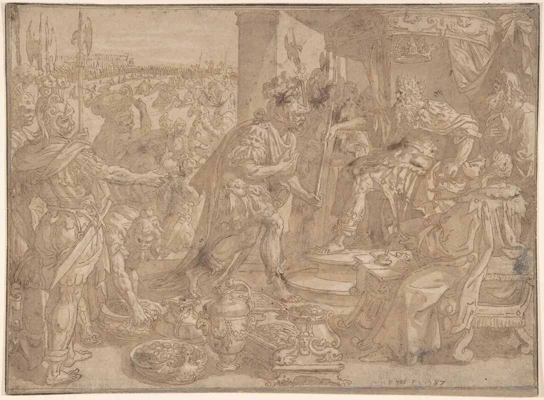 Holofernes Before Nebuchadnezzar Judith 24 13 by Maerten De Vos - Canvas Print