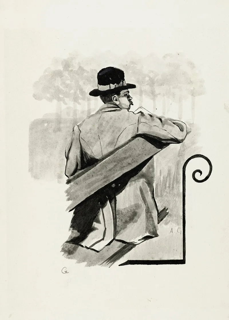 Homme Assis Sur Un Banc Vu De Trois Quarts Dos