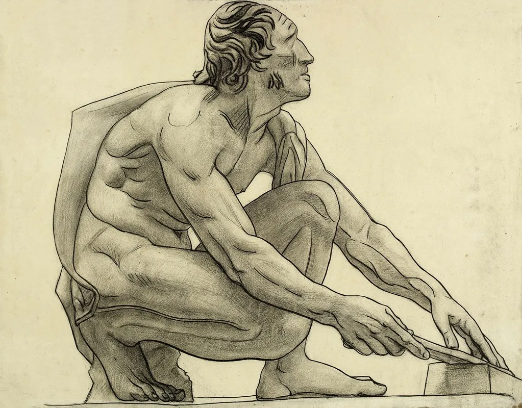 Homme Nu Accroupi De Profil Vers La Droite