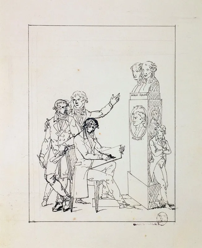 Hommes Dont Un Dessinant Aupres Dun Monument A Denon Gaute Et Boichot by Guillaume Boichot - Canvas Print