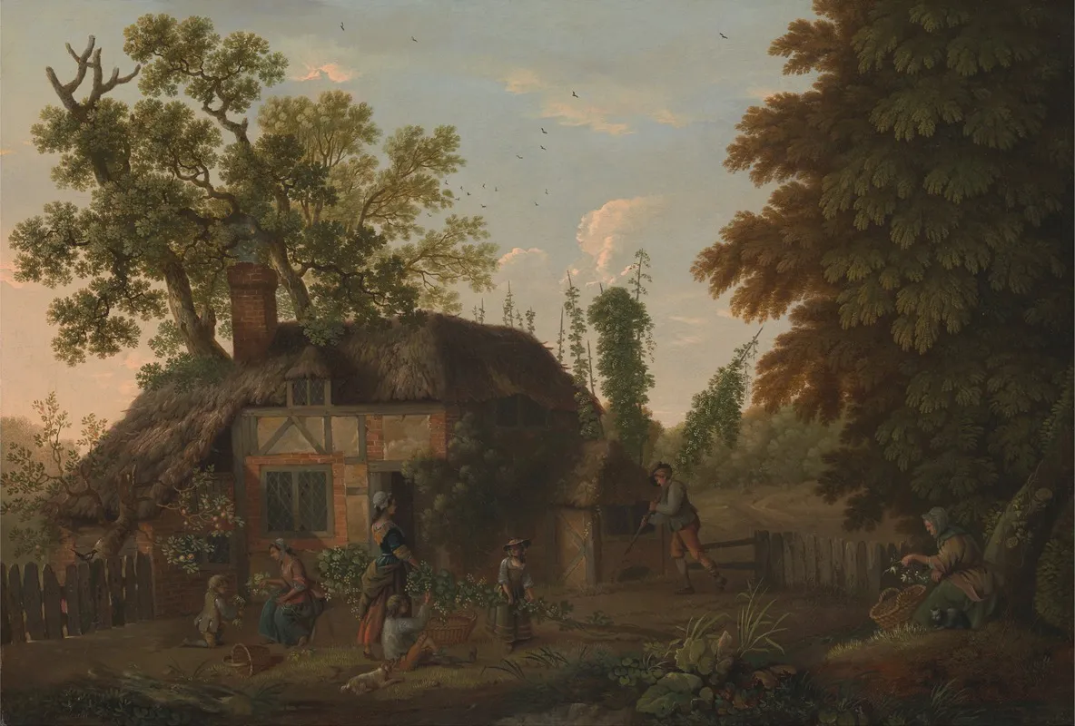 Hop Pickers Outside A Cottage by George Smith - Canvas Print