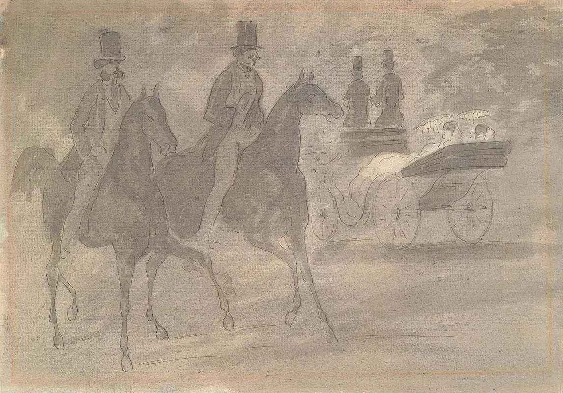 Horse Drawn Carriages Riding In A Park