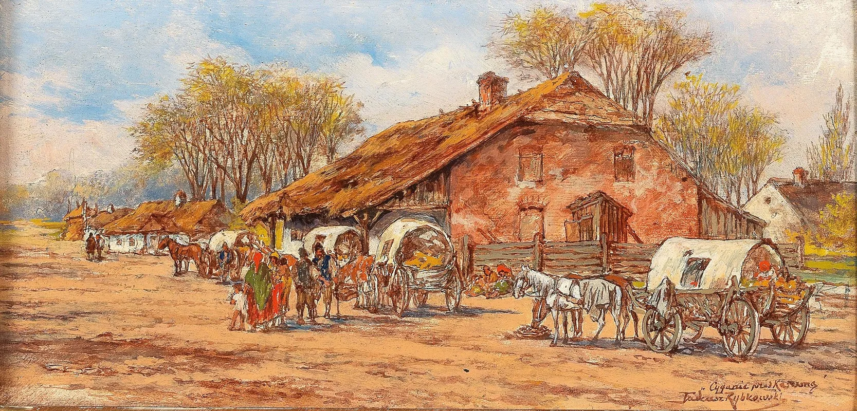 Horses And Carts In A Polish Village by Tadeusz Rybkowski - Canvas Print