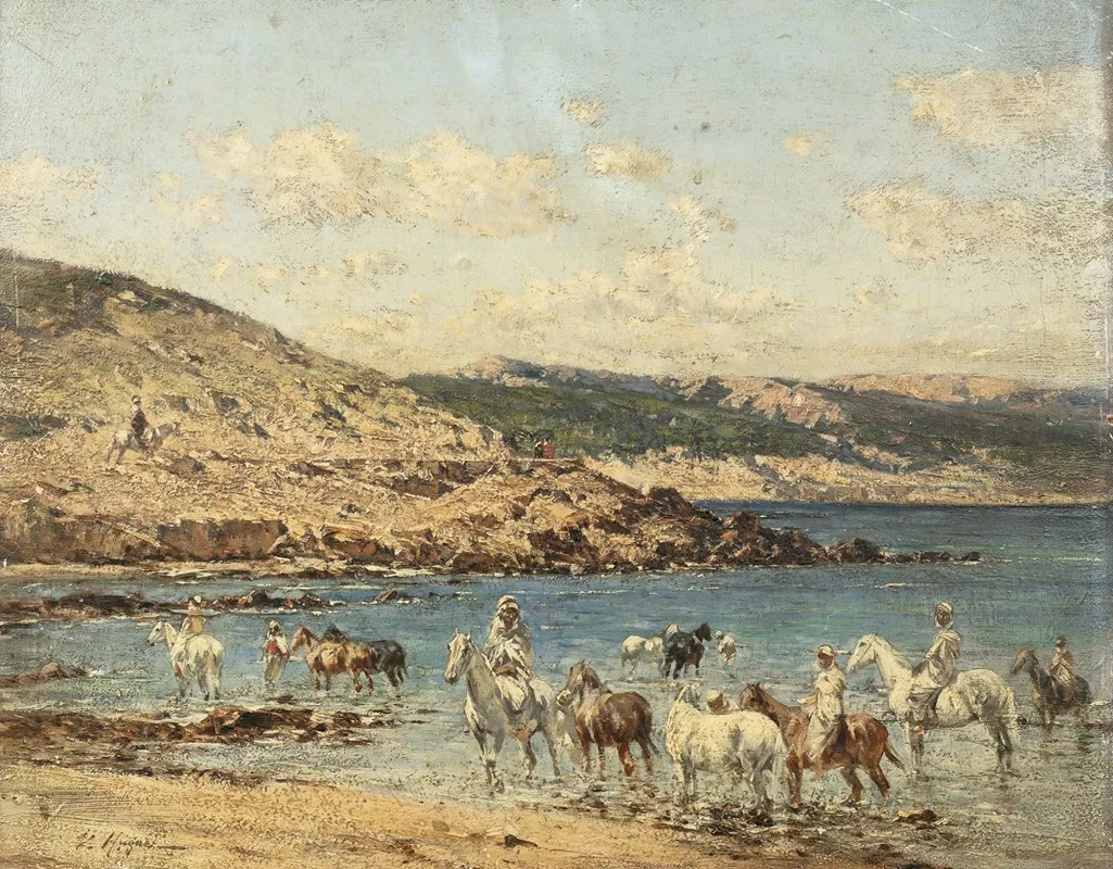 Horses Drinking by Victor Huguet - Canvas Print