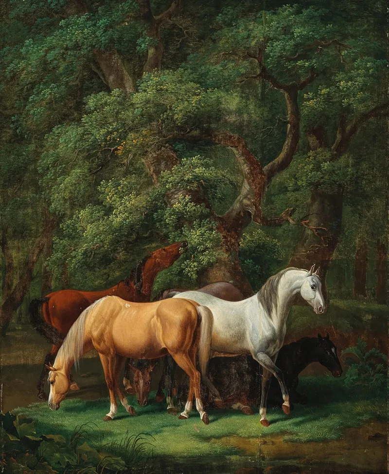 Horses Grazing Under Oak Trees