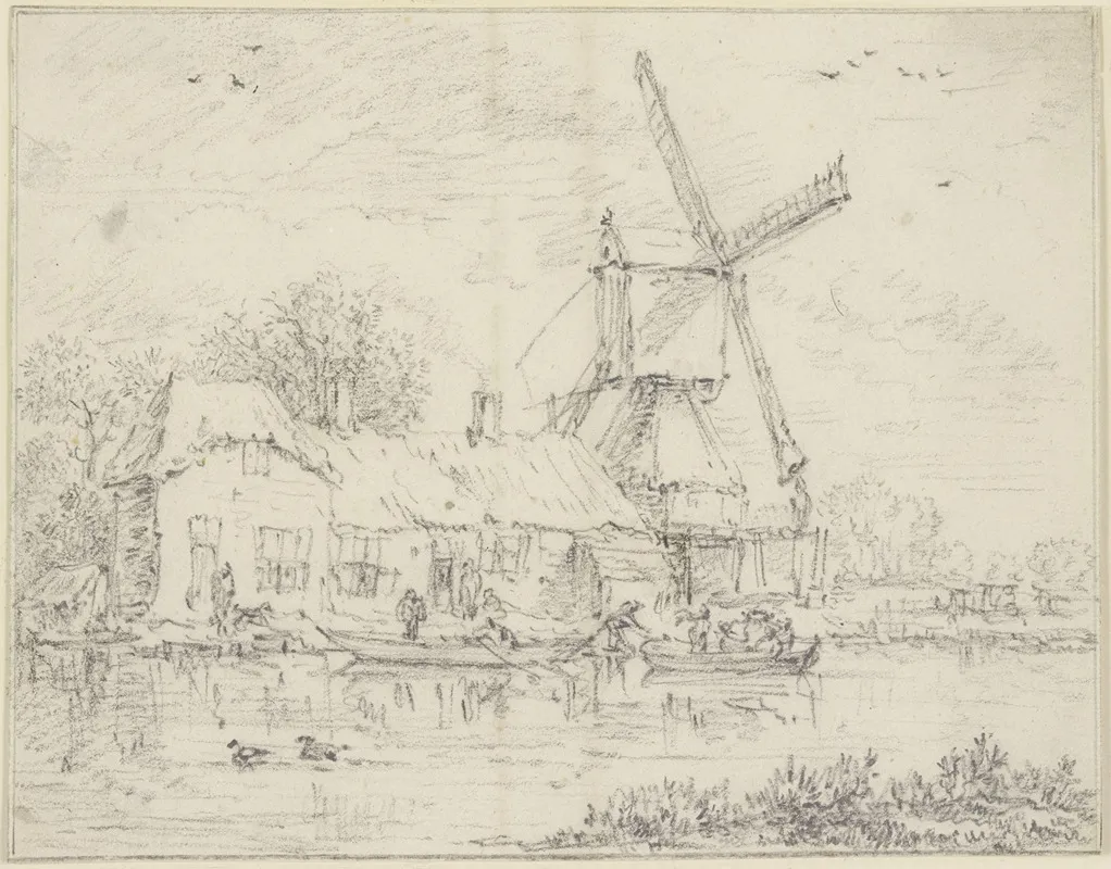 House And Windmill On The Bank Of A Canal