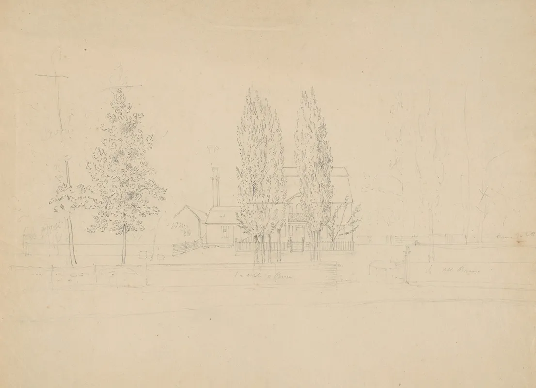 House With Tall Chimney And Gambrel Roof Obscured By Trees