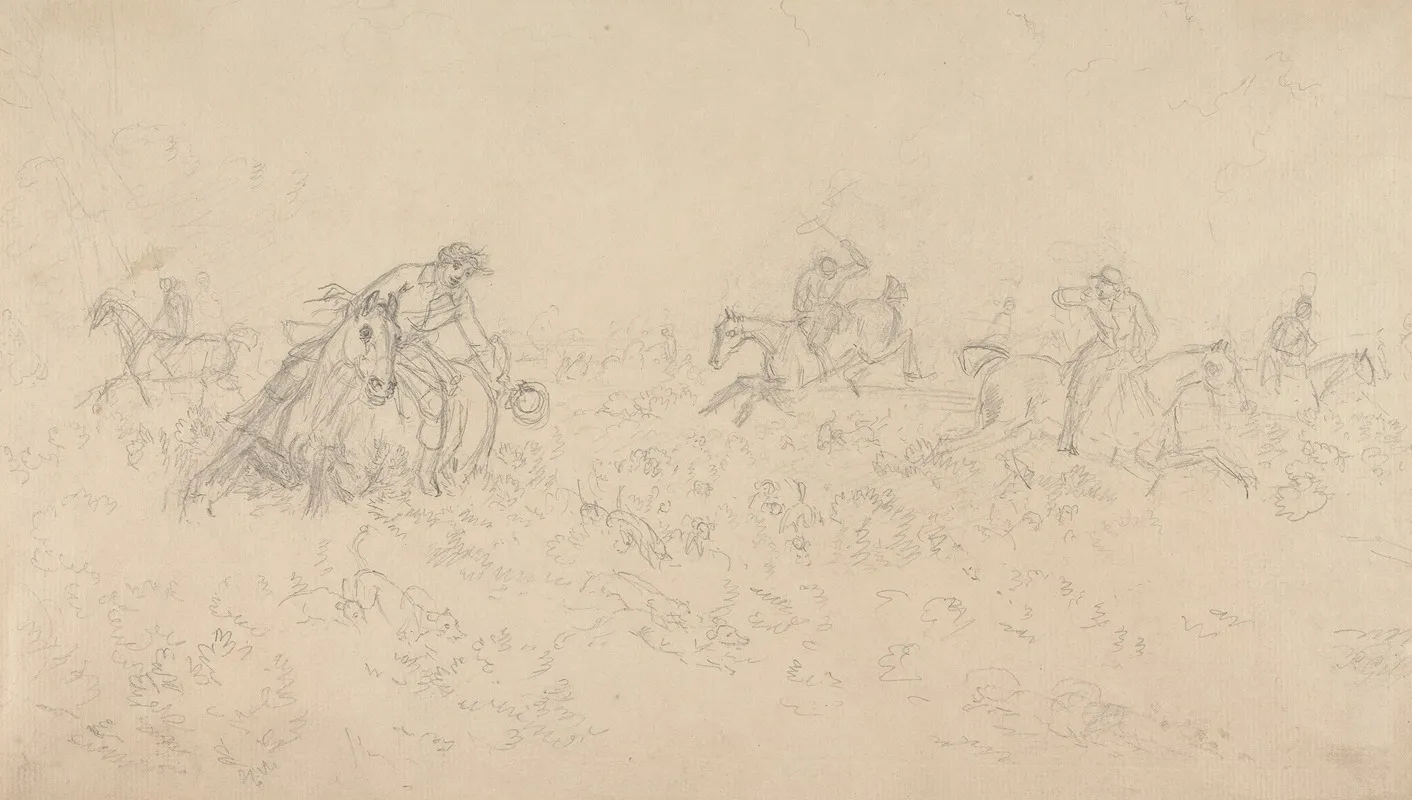 Hunt Followers And Hounds Moving To Right Through Undergrowth