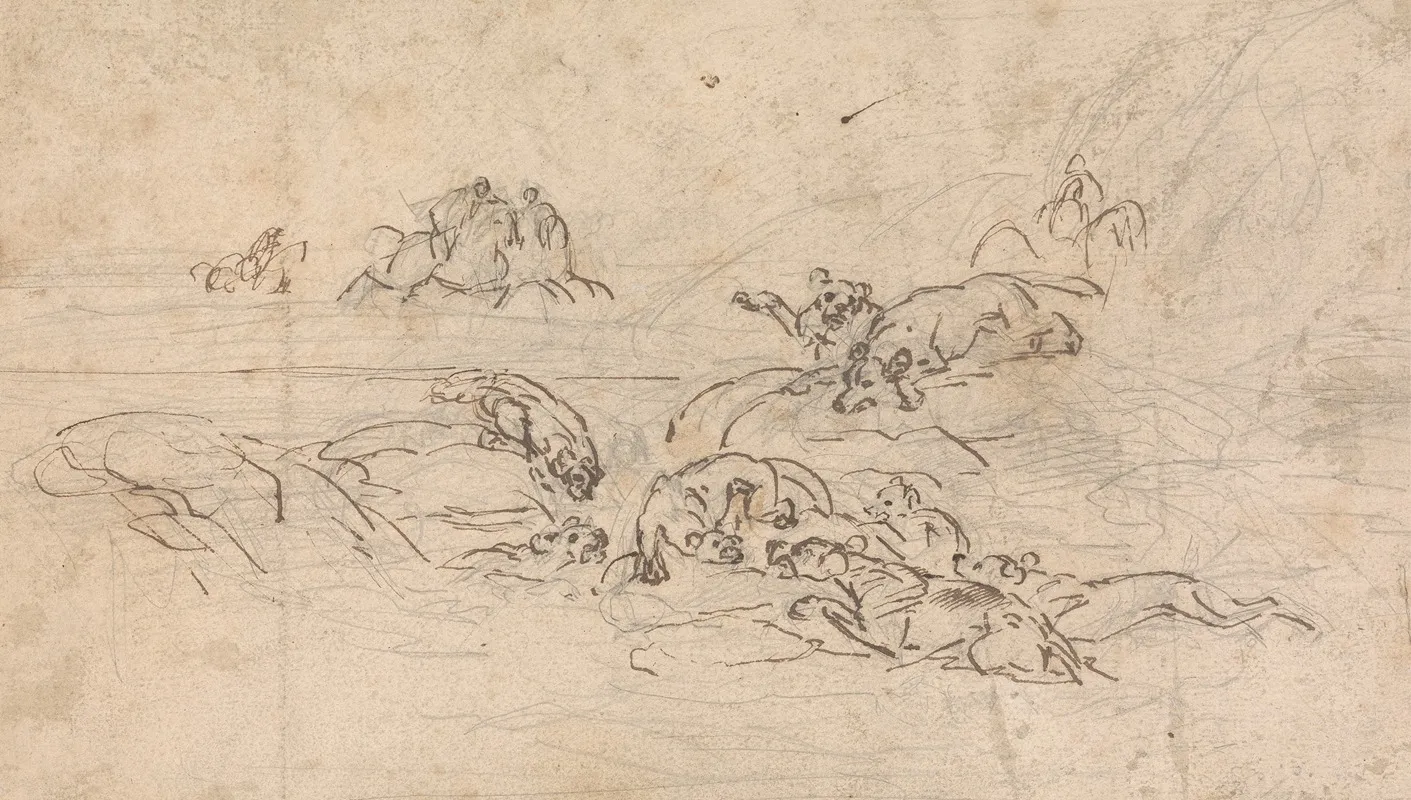 Hunters Approaching A Lion Being Held At Bay By Hounds