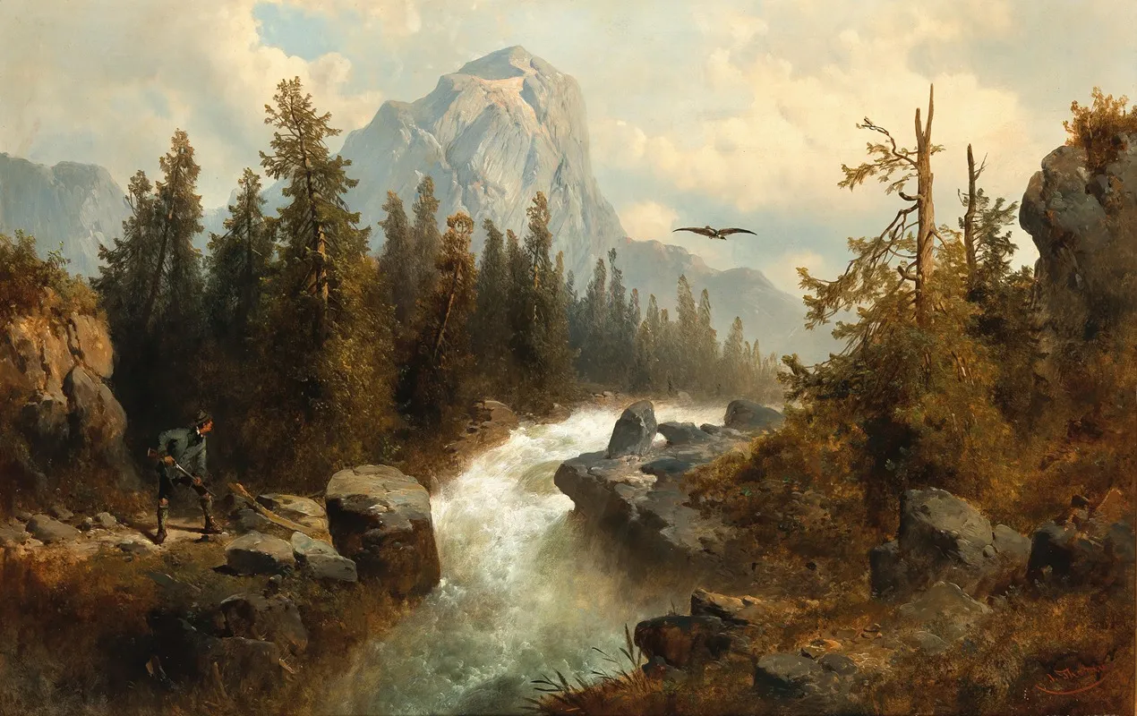 Hunting Birds Of Prey At A Mountain Stream by Josef Thoma - Canvas Print