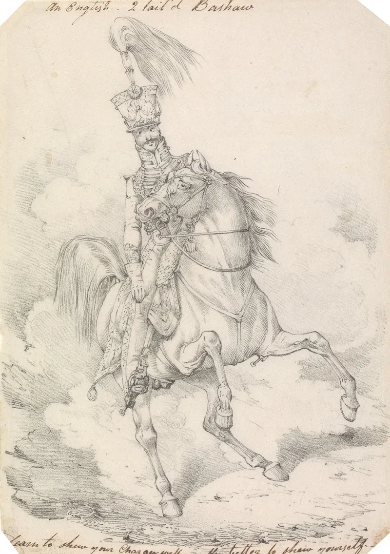 Hussar With High Plume In His Helmet Mounted On A Horse With High Held Swishing Tail