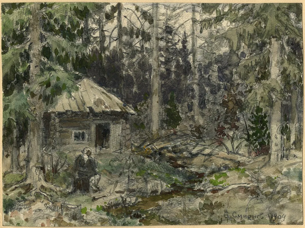 Hut In The Krasnoyarsk Taiga During A Stay By The Artist by Boris Vasilievich Smirnov - Canvas Print