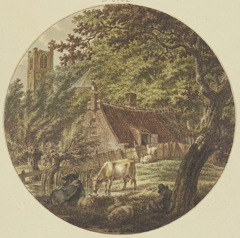 Hutte Im Walde Mit Einigem Vieh Links Ein Kirchturm