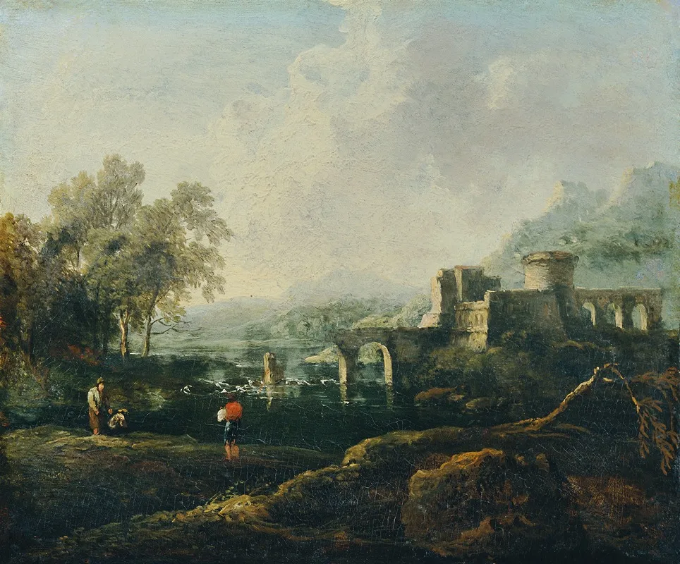 Ideale Landschaft Mit Fluss Und Bruckenruine Der Morgen