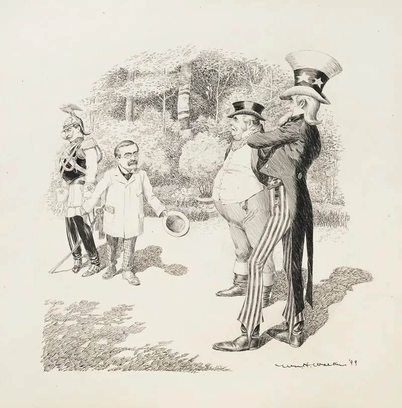 In A Forrest Uncle Sam And A Man Representing Great Britain Talks With A Man In Military Uniform And A Small Man In A Suit