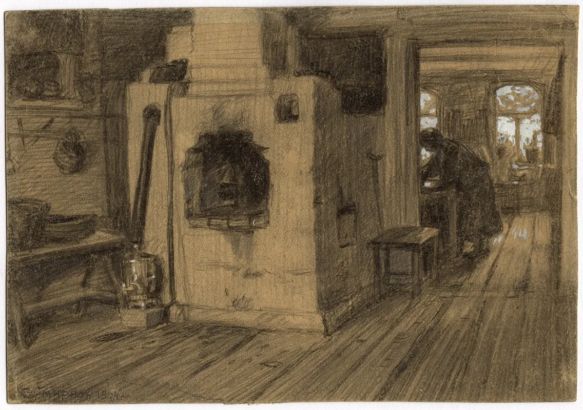 In A Hut On The Outskirts Of Irkutsk by Boris Vasilievich Smirnov - Canvas Print