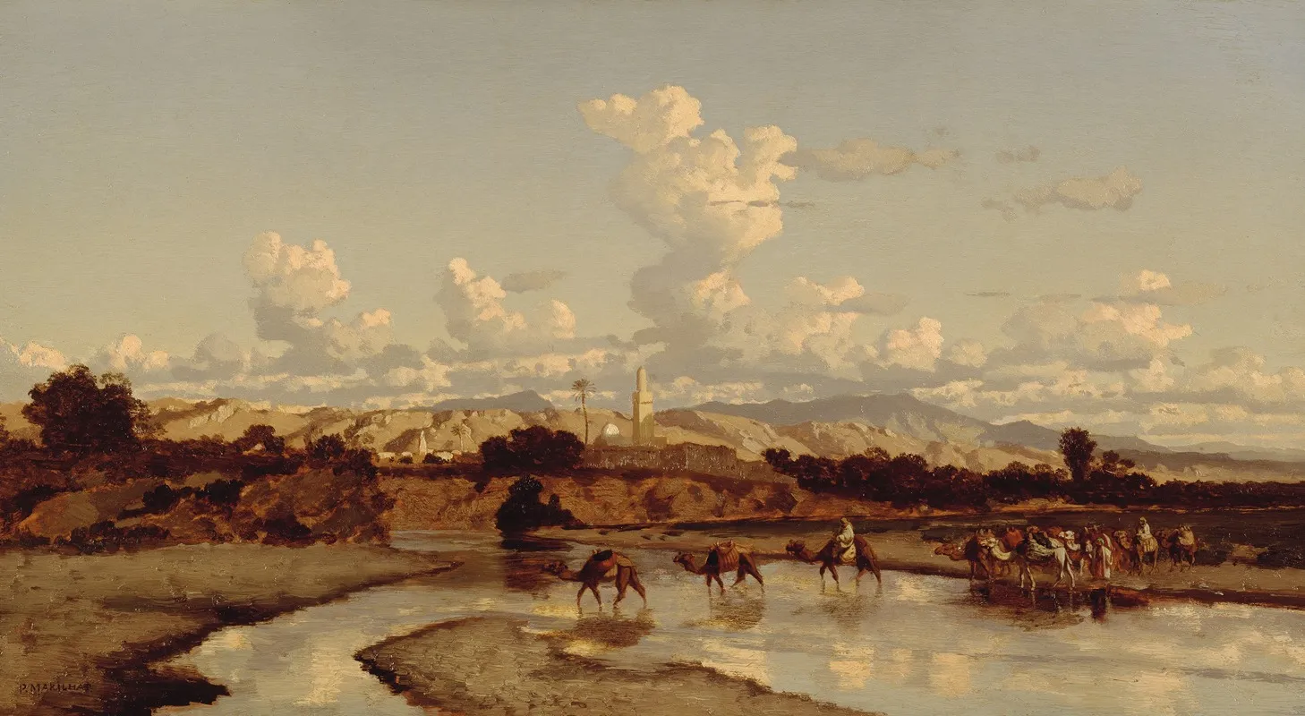 In An Oriental Landscape A Caravan Moves Through A River by Prosper Marilhat - Canvas Print