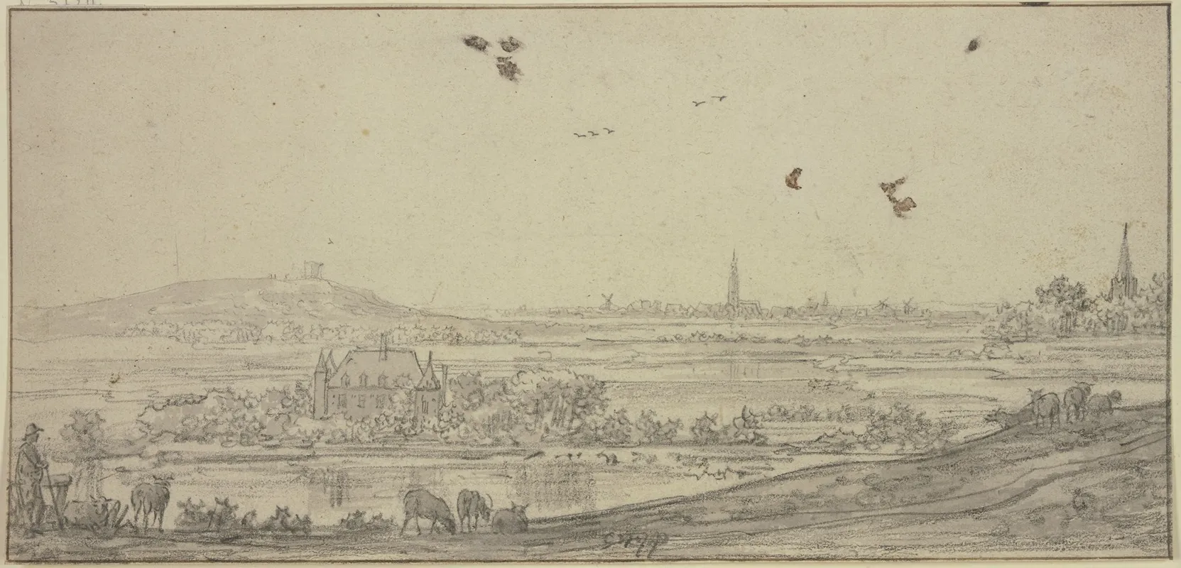 In Der Ferne Eine Stadt Links Ein Haus Im Wasser Vorne Ein Schafhirte