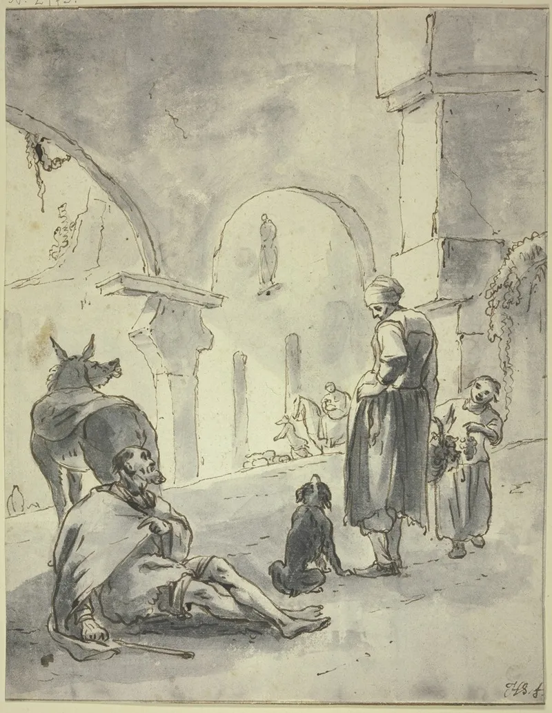 In Einer Halle Sitzt Ein Bettler Bei Einem Esel Vor Ihm Eine Frau Ein Kind Und Ein Hund by Hendrik Verschuring - Canvas Print