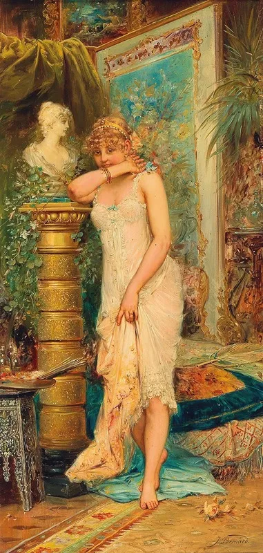 In The Atelier The Shy Model by Hans Zatzka - Canvas Print