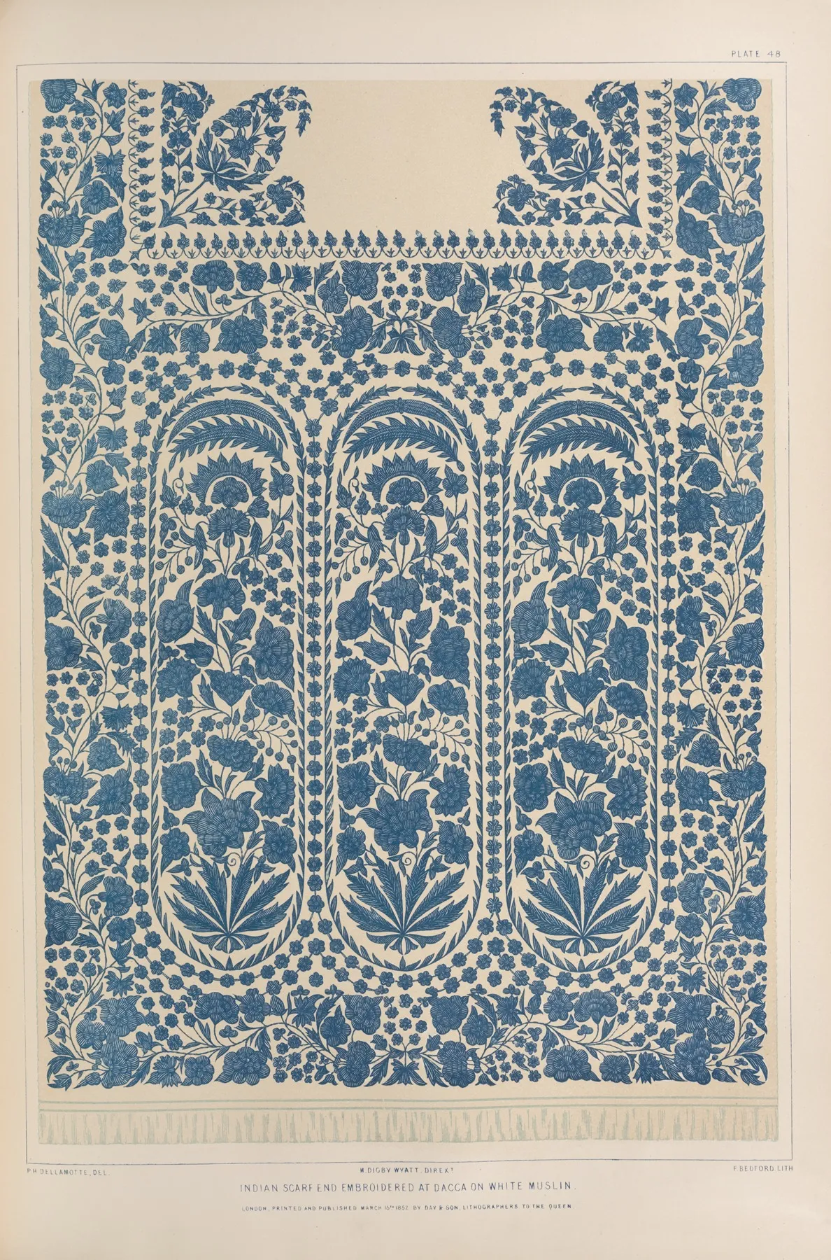 Indian Scarf End Embroidered At Dacca On White Muslin