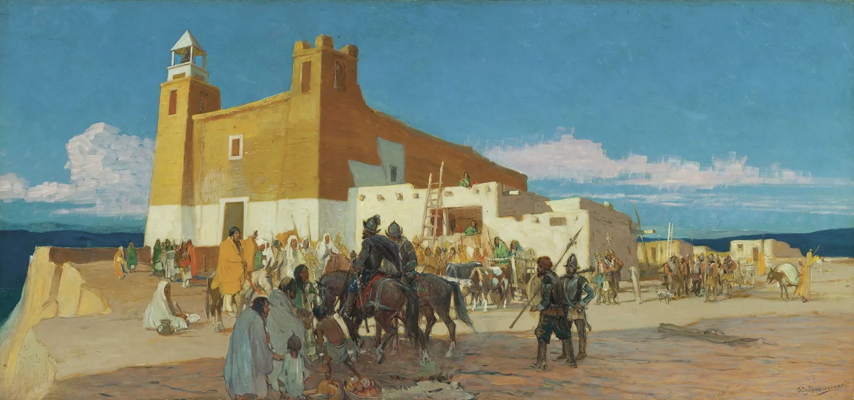 Indians And Spanish Soldiers Pueblo Village by Oscar Edmund Berninghaus - Canvas Print