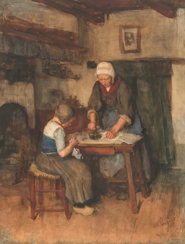 Interieur Met Strijkende Vrouw En Naaiend Kind