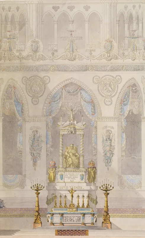 Interior Elevation Of Reims Cathedral With A Statue Of King Louis I And An Altar Placed At Front by Charles Percier - Canvas Print