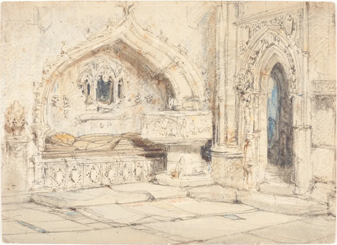 Interior Of A Church With A Wall Tomb And Medieval Font
