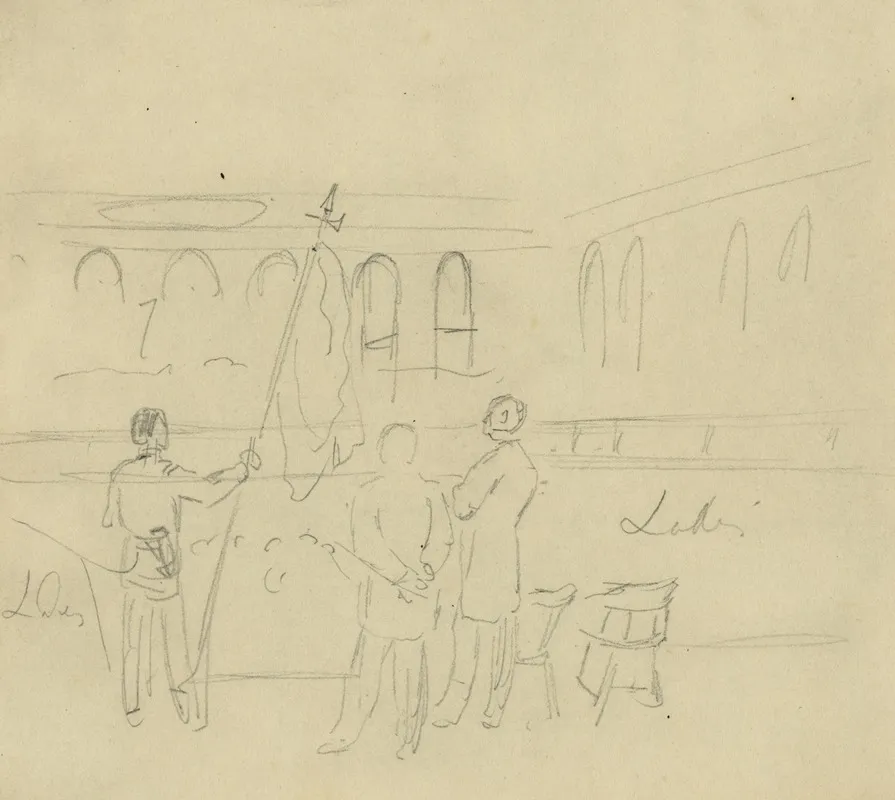 Interior Of Hall With Three Figures On A Stage