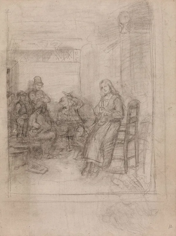 Interior With Card Players And Young Woman Knitting