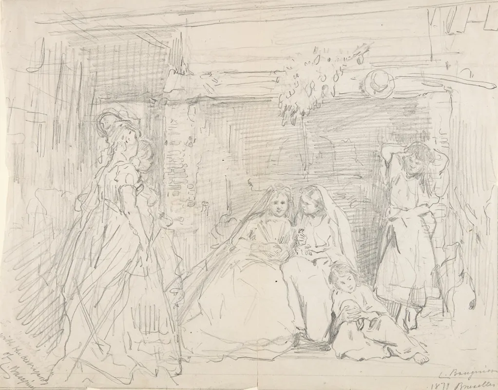 Interior With Figures Before A Fireplace