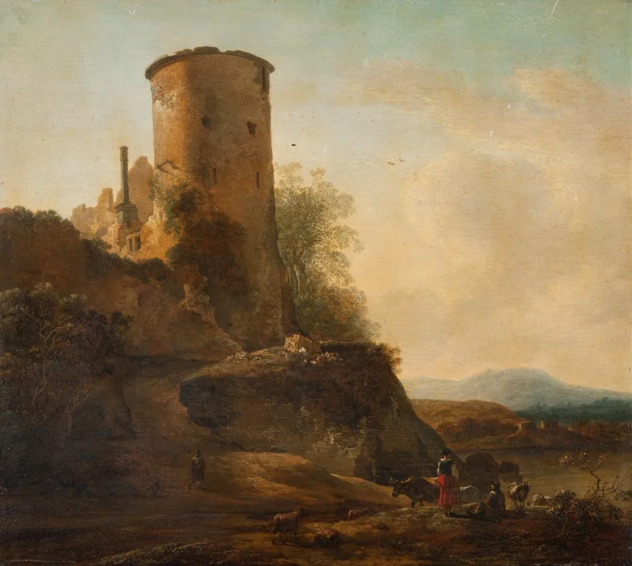 Italian Mountain Landscape With Castle Ruins Animals And Figures by Adam Pynacker - Canvas Print