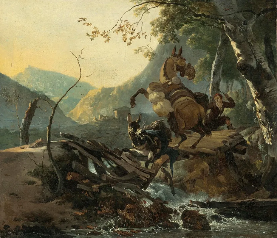 Italianate Landscape With A Donkey And A Rearing Horse Crossing A Collapsing Bridge by Adam Pynacker - Canvas Print