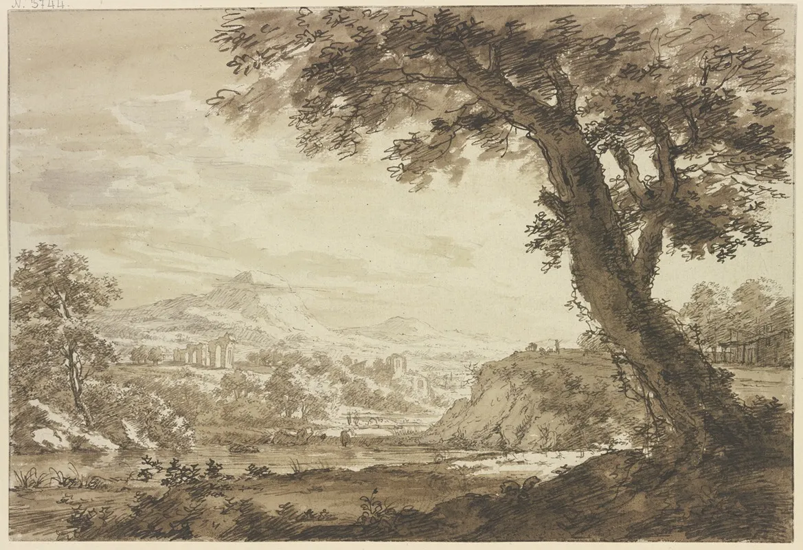 Italienische Landschaft Mit Ruinen Rechts Bei Einem Wasser Ein Groser Baum