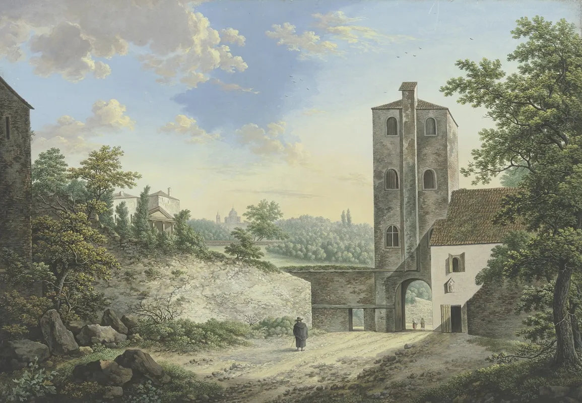 Italienische Phantasielandschaft Mit Einem Turm Und Torausgang Links Auf Der Hohe Ein Tempel Vorne Ein Pilger by Karl Franz Kraul - Canvas Print