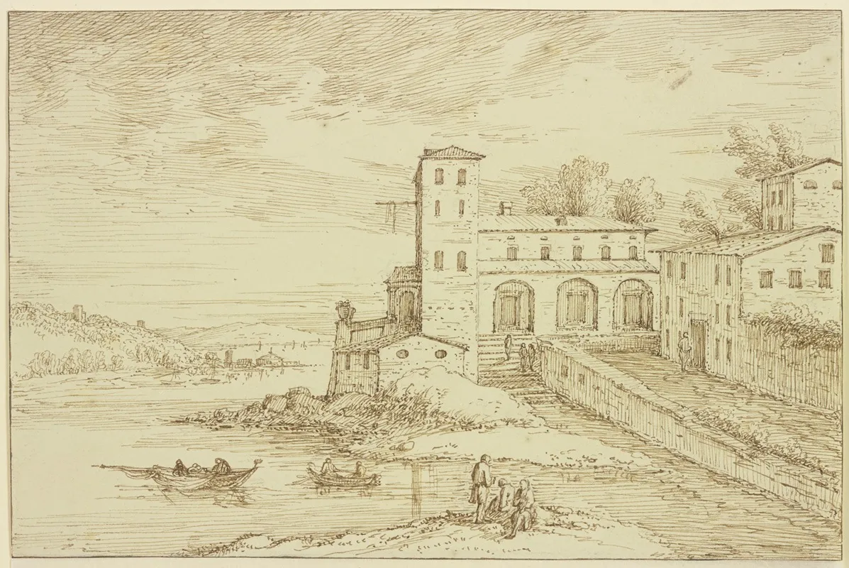 Italienische Villa An Einem See Vorne Fischerbarken by Theodoor Wilkens - Canvas Print