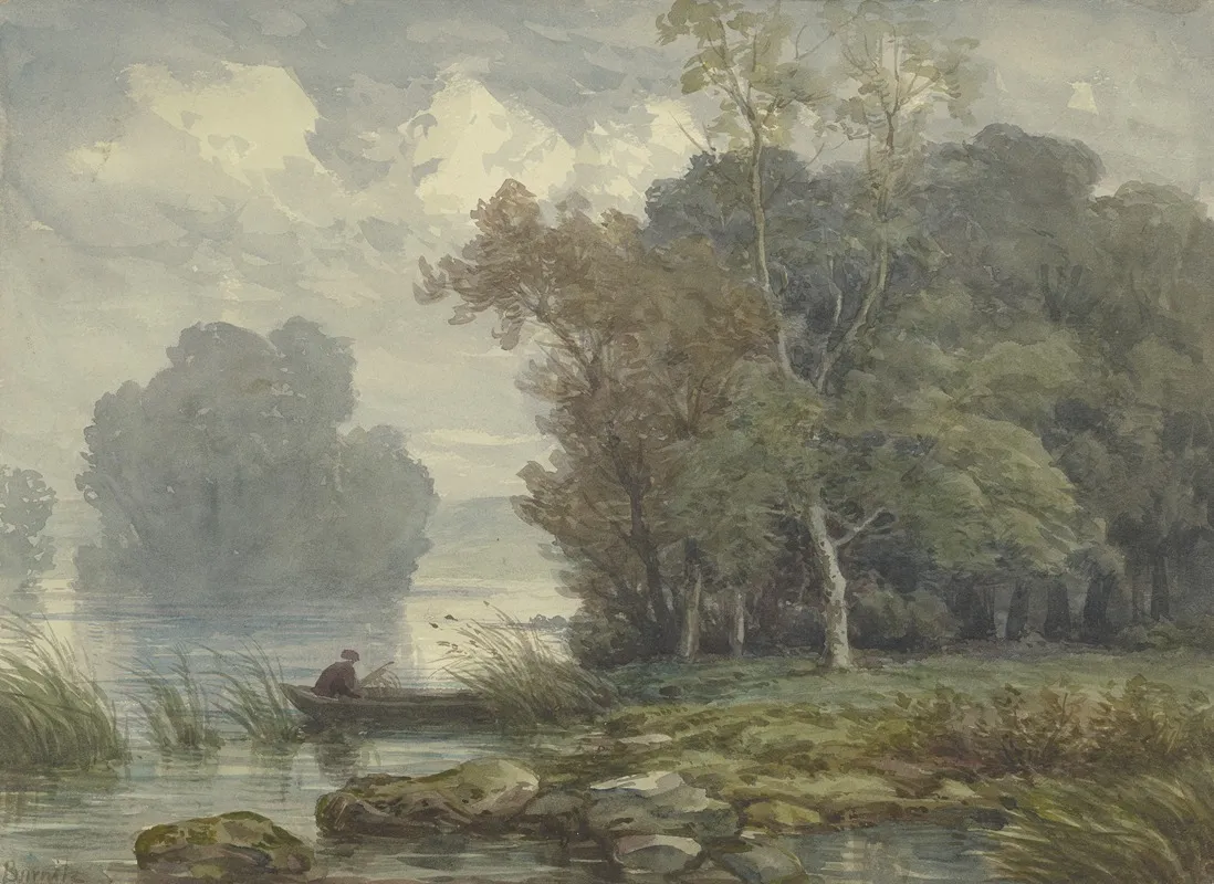 Jager In Einem Kahn An Waldigem Ufer