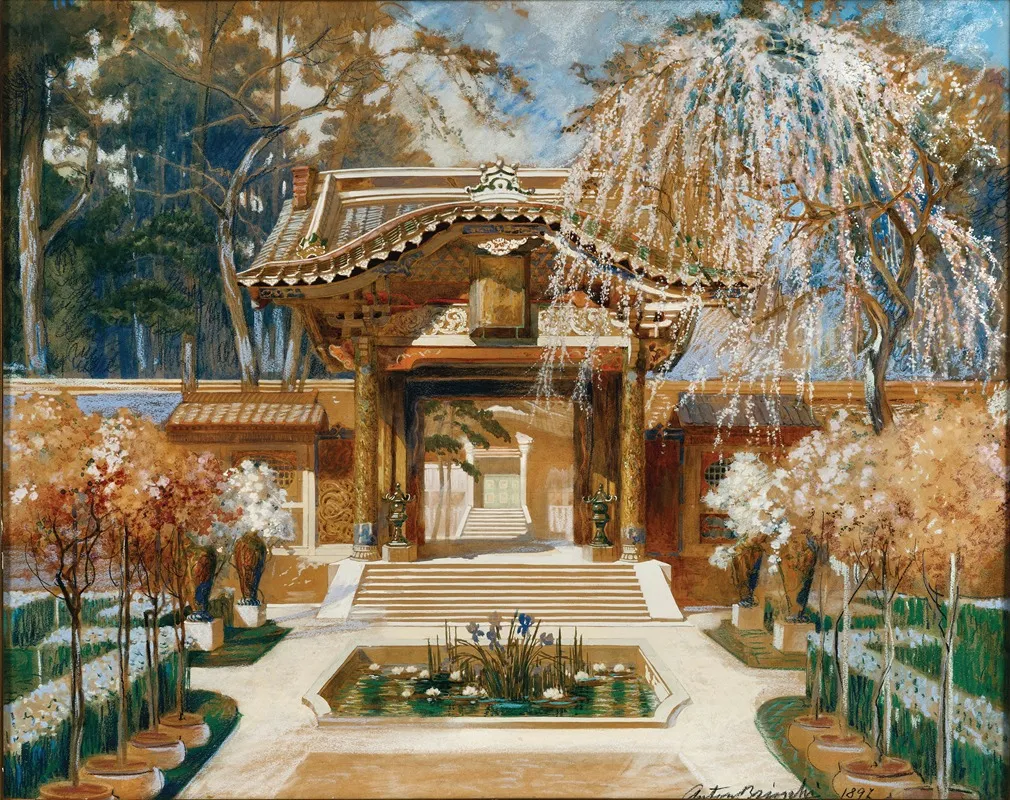 Japanese Temple And A Blooming Tree Stage Design by Anton Brioschi - Canvas Print