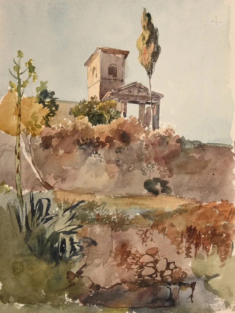 Jardin Et Eglise Avec Portique Antique