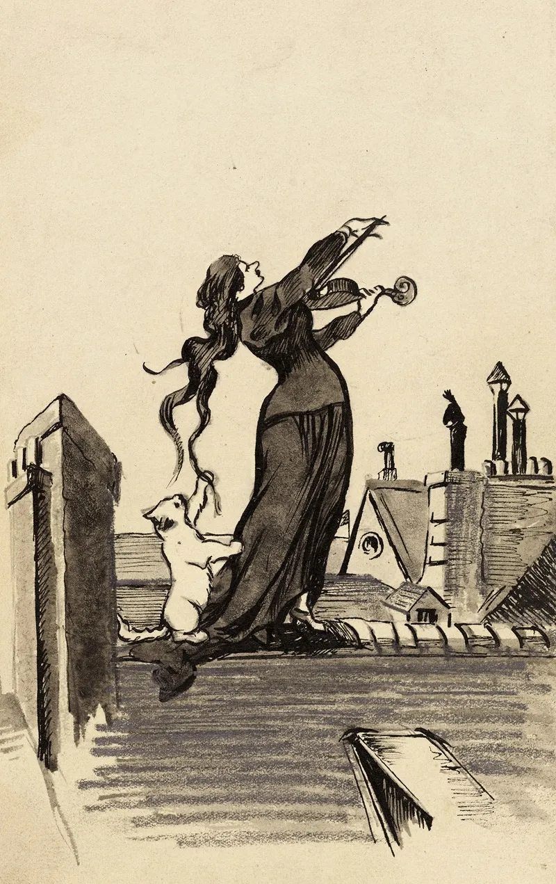 Jeune Femme Jouant Du Violon Sur Les Toits Accompagnee Dun Chat Blanc
