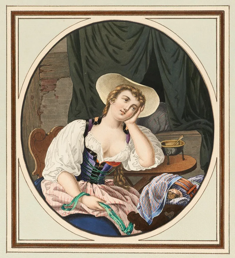 Jeune Mere Assise Pres Dune Table A Cote Delle Son Enfant Dans Un Berceau by Gabriel Lory the older - Canvas Print