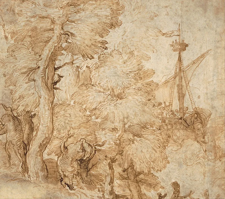 Jonah And The Whale Seen From A Landscape With Trees by Taddeo Zuccaro - Canvas Print