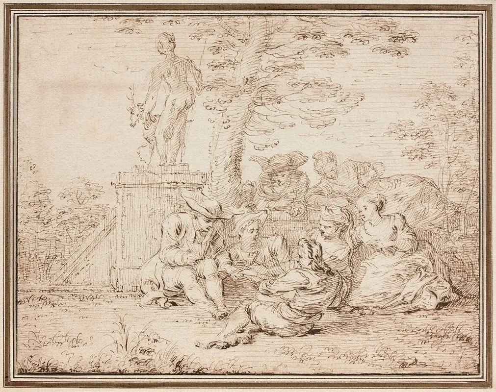 Joueurs De Cartes Dans Un Parc Au Pied Dune Statue De Diane by Claude Gillot - Canvas Print