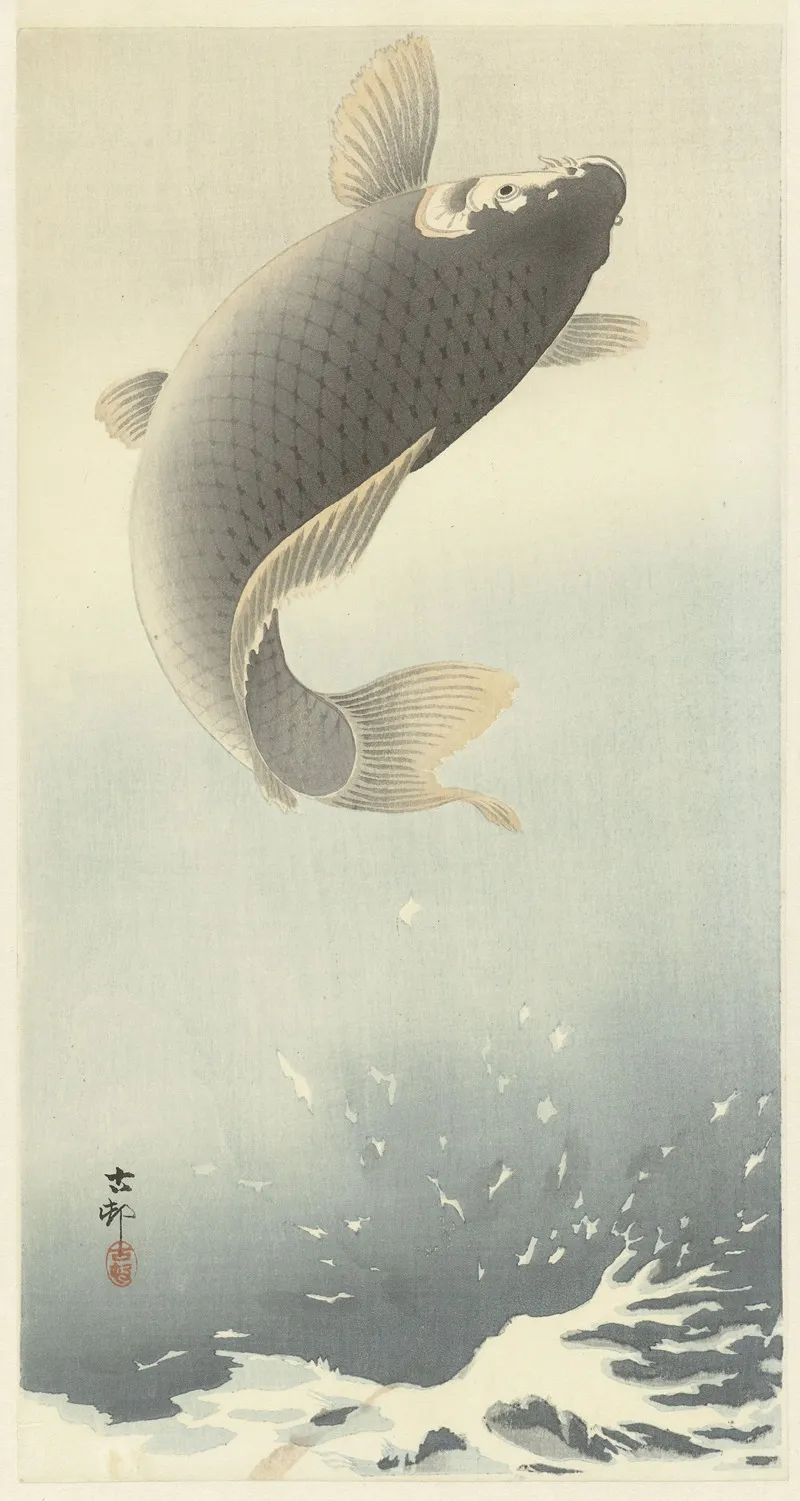Jumping Carp by Ohara Koson - Canvas Print